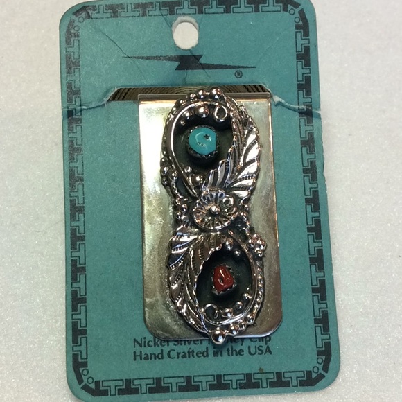 FINAL SALE PRICE Silver Southwest Money Clip w/Turquoise & Coral - Picture 1 of 3